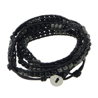Black Agate Wrap Bracelet, with Cowhide & Brass, brass clasp, plated  & faceted, 7.5mm, 5mm, 4mm Approx 34-37.5 Inch 