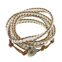 Glass Pearl Wrap Bracelet, with Cowhide, brass clasp, platinum color plated , 7mm, 4mm Approx 34-37 Inch 
