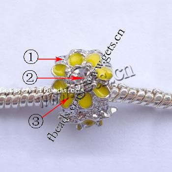 Enamel Zinc Alloy European Beads, Flower, plated, with Mideast rhinestone & without troll & large hole, more colors for choice, 12x8mm, Hole:Approx 4mm, Sold By PC