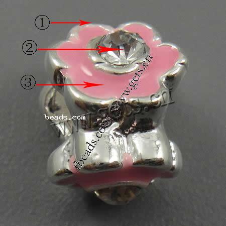 Emaille Zink Legierung Europa Perlen, Zinklegierung, Blume, plattiert, mit Strass & großes Loch, keine, 11x8mm, Bohrung:ca. 4.5mm, verkauft von PC