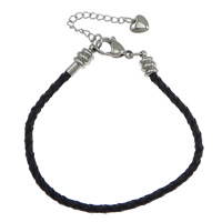 Cowhide Bracelets, stainless steel lobster clasp, with 2Inch extender chain, braided, black, 3mm Approx 8 Inch 