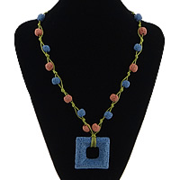 Лава свитер цепи ожерелье, лава, с вощеный шнур & деревянный, Квадратная форма, двухцветный 10mm, длина:Приблизительно 30 дюймовый, продается Strand
