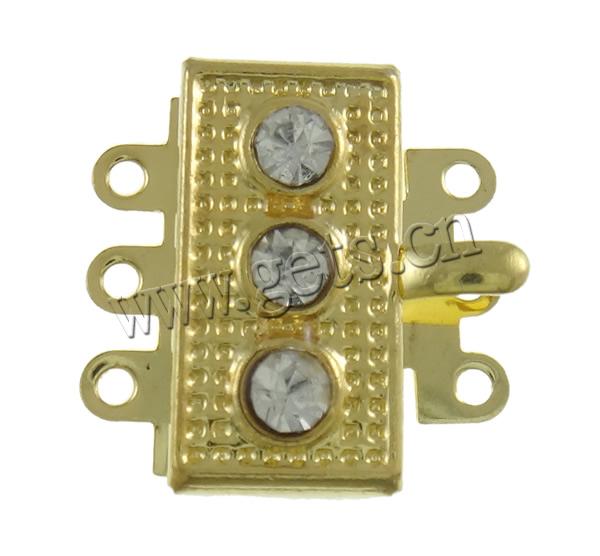 Brass Box Clasp, Rectangle, plated, Customized & 3-strand & with rhinestone, more colors for choice, nickel, lead & cadmium free, 18x18x5mm, Hole:Approx 1mm, Sold By PC