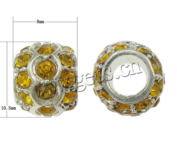 Rhinestone Zinc Alloy European Beads, Drum, plated, without troll & with rhinestone, more colors for choice, cadmium free, 8x10.5mm, Hole:Approx 5mm, Sold By PC
