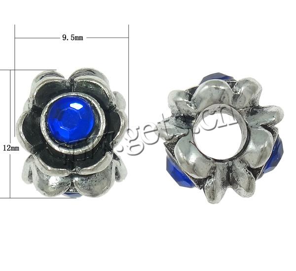 Rhinestone Zinc Alloy European Beads, Flower, plated, without troll & with rhinestone & blacken, more colors for choice, cadmium free, 9.5x12mm, Hole:Approx 4.5mm, Sold By PC