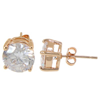 Cubic Zircon Brass Earring, Flat Round, plated, with cubic zirconia & faceted 8mm 