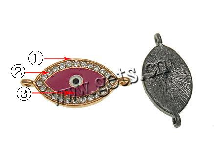 Rhinestone Zinc Alloy Connector, Horse Eye, plated, Customized & enamel & with rhinestone & 1/1 loop, more colors for choice, 34x16x2.5mm, Hole:Approx 2mm, Sold By PC