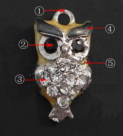 Pendentifs animaux en alliage de zinc, hibou, Placage, émail & avec strass, plus de couleurs à choisir, 22.5x11.5x6mm, Trou:Environ 2mm, Vendu par PC