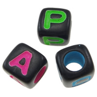 Plastic Alphabet Beads, Polystyrene, Cube, painted & with letter pattern & four-sided, mixed colors 