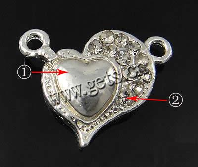 Zinc Alloy Magnetic Clasp, Heart, plated, magnetism about 3000 gauss & with rhinestone & single-strand, more colors for choice, 17x16x6mm, Hole:Approx 2mm, Sold By PC