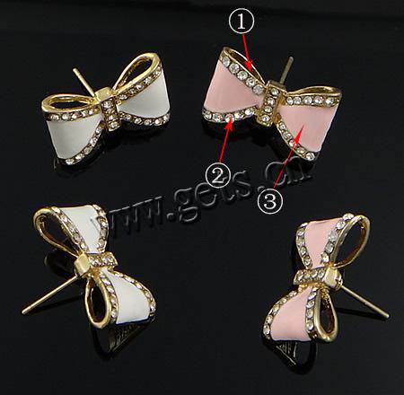 Enamel Zinc Alloy Stud Earring, stainless steel post pin, Bowknot, plated, with rhinestone, more colors for choice, 21.5x13.5mm, Sold By Pair