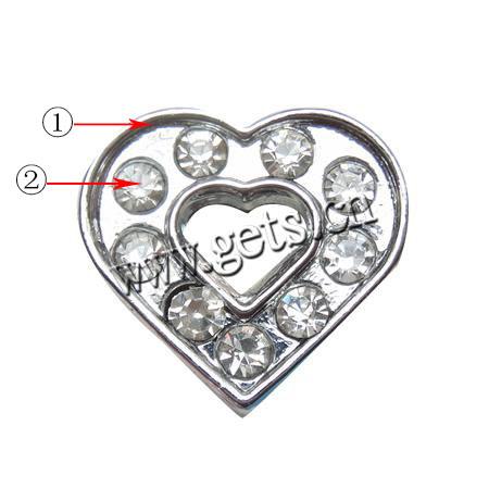 Zinc Alloy Slide Charm, with Rhinestone, Heart, plated, more colors for choice, 12x12x5mm, Hole:Approx 8x2mm, Sold By PC