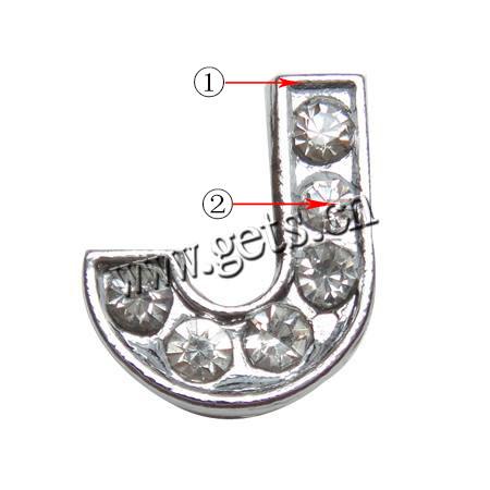 Zinc Alloy Letter Slide Charm, with Rhinestone, Letter J, plated, more colors for choice, 10x11x5mm, Hole:Approx 8x2mm, Sold By PC