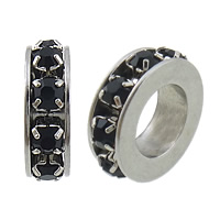 Stainless Steel Large Hole Beads, 304 Stainless Steel, Donut, with rhinestone, black Approx 6mm 