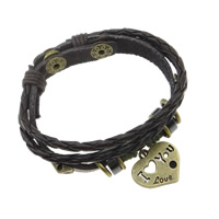Cowhide Bracelets, with Waxed Cotton Cord & Non Magnetic Hematite & Zinc Alloy, word I love you, antique bronze color plated, braided & , approx 8mm Approx 7.8 Inch 