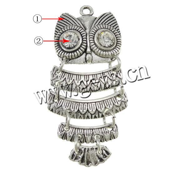 Zinc Alloy Animal Pendants, Owl, plated, Customized & with rhinestone, more colors for choice, 23x47x5mm, Hole:Approx 2mm, Sold By PC