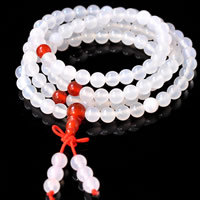 108 Perlen Mala, Weißer Achat, mit elastische Nylonschnur & Roter Achat, rund, natürlich, 4-Strang, 6mm, Länge:ca. 26 ZollInch, 108PCs/Strang, verkauft von Strang