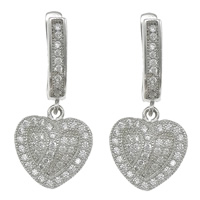 Cubic Zirconia Micro Pave Sterling Silver Earring, 925 Sterling Silver, Heart, plated, micro pave 86 pcs cubic zirconia 27mm 