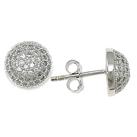 Cubic Zirconia Micro Pave Sterling Silver Earring, 925 Sterling Silver, Dome, plated, micro pave 122 pcs cubic zirconia 10mm 