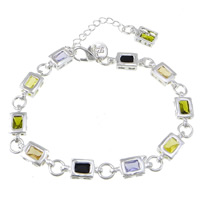 Cubic Zirconia Brass Bracelets, with 2lnch extender chain, Rectangle, silver color plated, multi-colored, lead & cadmium free Approx 6.8 Inch 
