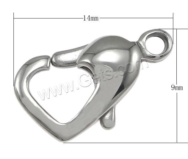 Stainless Steel Lobster Claw Clasp, Heart, original color, 14.7x8.2x3mm, Hole:Approx 2mm, Sold By PC