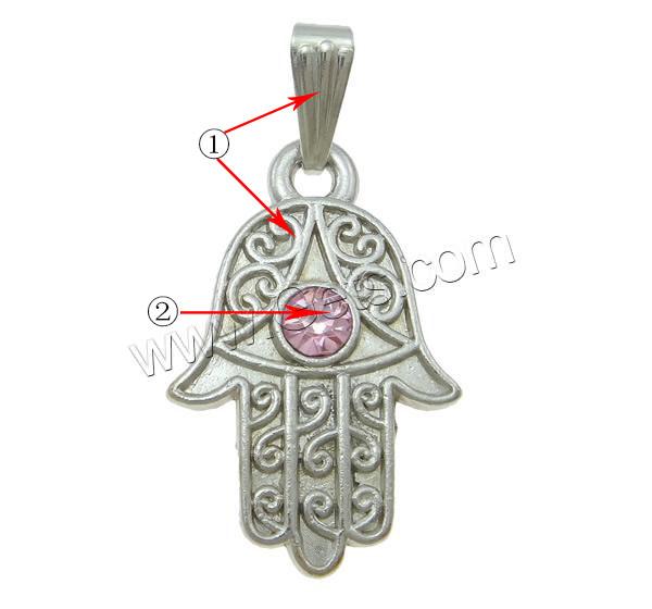 Zinc Alloy Hamsa Pendants, with iron bail, plated, Islamic jewelry & Customized & with rhinestone, more colors for choice, nickel, lead & cadmium free, 16x31x3mm, Hole:Approx 2.5x8mm, Sold By PC