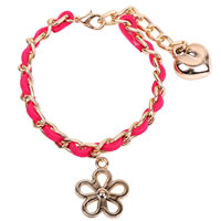 Chain Woven Bracelets, Zinc Alloy, with Velveteen Cord, with 2inch extender chain, Flower, plated, rose pink, lead & nickel free, 60mm Approx 7.5 