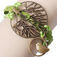 Combined Bracelet, PU Leather, bird & tree, with Wax Cord & Zinc Alloy, with 2inch extender chain, Tree, antique bronze color plated , green, lead & cadmium free, 60mm Approx 7.5 Inch 