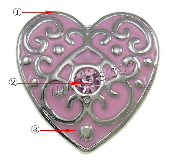 Jewelry Snap Button, Zinc Alloy, Heart, plated, Customized & enamel & with rhinestone, more colors for choice, nickel, lead & cadmium free, 20x20x8mm, Sold By PC