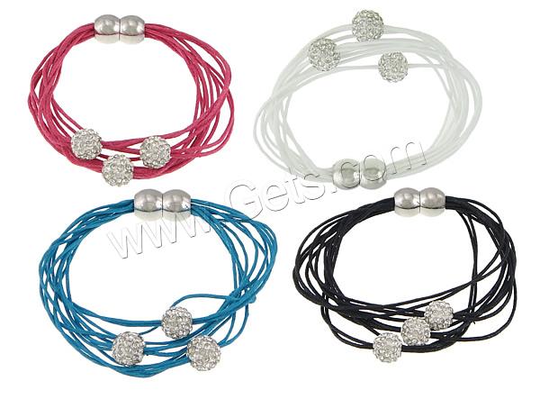 Fashion Create Wax Cord Bracelets, Waxed Cotton Cord, with Rhinestone Clay Pave Bead, stainless steel magnetic clasp, with 55 pcs rhinestone & multi-strand, more colors for choice, 10mm, 20x12m, 1mm, Length:Approx 8 Inch, Sold By Strand