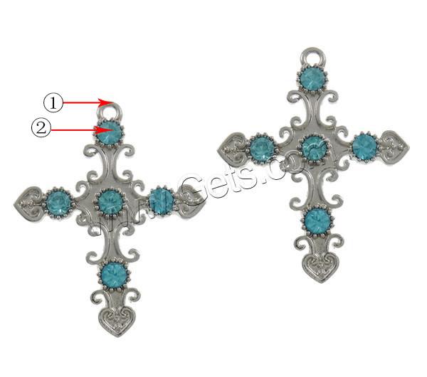 Colgantes de Aleación de Zinc en Forma Cruces, chapado, Modificado para requisitos particulares & con diamantes de imitación, más colores para la opción, libre de níquel, plomo & cadmio, 37.5x46x4mm, agujero:aproximado 2mm, Vendido por UD
