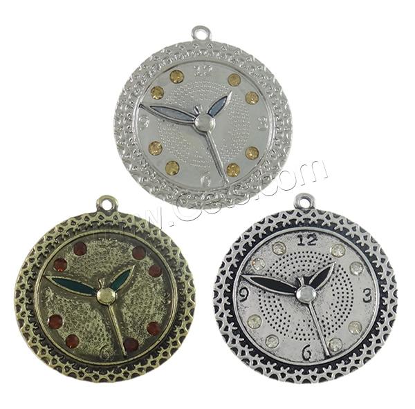 Zinc Alloy Rhinestone Pendants, Watch, plated, Customized & enamel & with rhinestone, more colors for choice, nickel, lead & cadmium free, 34x36x3mm, Hole:Approx 1mm, Sold By PC
