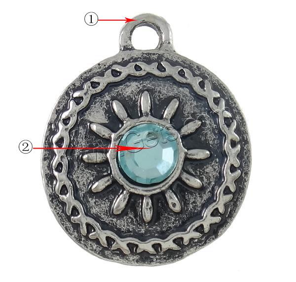 Zinc Alloy Rhinestone Pendants, Flat Round, plated, Customized & with rhinestone, more colors for choice, nickel, lead & cadmium free, 14x17.5x3mm, Hole:Approx 2mm, Sold By PC
