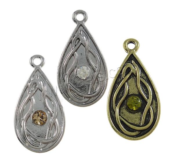 Zinc Alloy Rhinestone Pendants, Teardrop, plated, Customized & with rhinestone, more colors for choice, nickel, lead & cadmium free, 13x25x4mm, Hole:Approx 2mm, Sold By PC