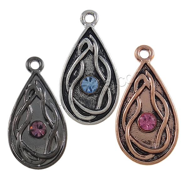 Zinc Alloy Rhinestone Pendants, Teardrop, plated, Customized & with rhinestone, more colors for choice, nickel, lead & cadmium free, 13x25x4mm, Hole:Approx 2mm, Sold By PC