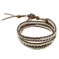 Glass Pearl Wrap Bracelet, with Cowhide & Zinc Alloy, brass clasp, platinum color plated , 7mm, 4mm Inch 