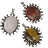 Gemstone Brass Pendants, with Mixed Material, Oval, silver color plated nickel, lead & cadmium free Approx 