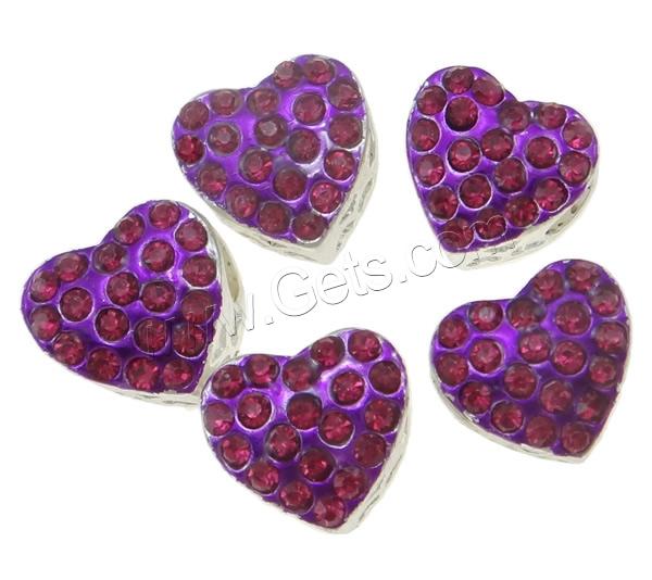 Rhinestone Zinc Alloy European Beads, Heart, plated, Customized & without troll & enamel & with rhinestone, more colors for choice, 11-12mm, Hole:Approx 5mm, Sold By PC