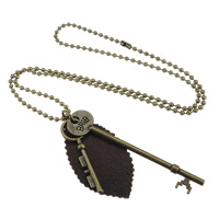 Zinc Alloy Sweater Chain Necklace, with PU Leather, Key, antique bronze color plated, ball chain, lead & cadmium free   Approx 25.5 Inch 