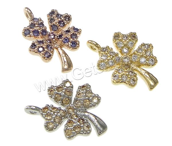 Brass Clover Pendant, Four Leaf Clover, plated, micro pave cubic zirconia, more colors for choice, nickel, lead & cadmium free, 10x14x13mm, Hole:Approx 1.5mm, Sold By PC