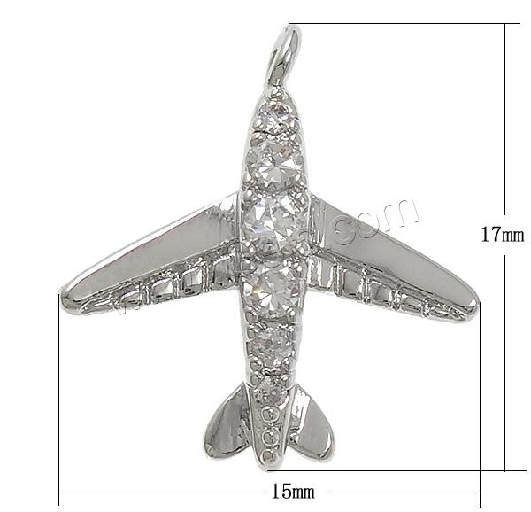 Cubic Zirconia Micro Pave Brass Pendant, Airplane, plated, micro pave cubic zirconia, more colors for choice, 15x17x4mm, Hole:Approx 2mm, Sold By PC