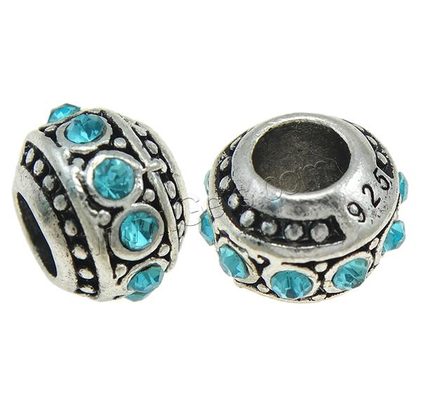 Rhinestone Zinc Alloy European Beads, Drum, plated, Customized & without troll & with rhinestone, more colors for choice, 12x8.5x12mm, Hole:Approx 5mm, Sold By PC