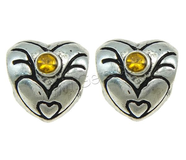 Rhinestone Zinc Alloy European Beads, Heart, plated, Customized & without troll & with rhinestone, more colors for choice, 10x9x9mm, Hole:Approx 4.5mm, Sold By PC