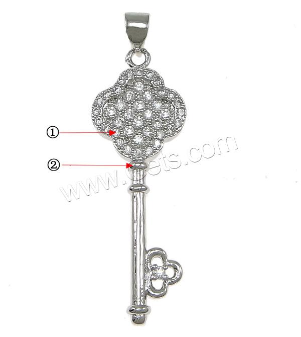 Cubic Zirconia Micro Pave Brass Pendant, Key, plated, micro pave 40 pcs cubic zirconia, more colors for choice, 13x38x3mm, Hole:Approx 3.5x4mm, Sold By PC
