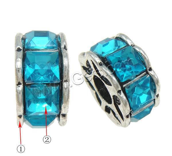 Rhinestone Zinc Alloy European Beads, Rondelle, plated, Customized & without troll & with rhinestone, more colors for choice, 13x6x13mm, Hole:Approx 4.5mm, Sold By PC