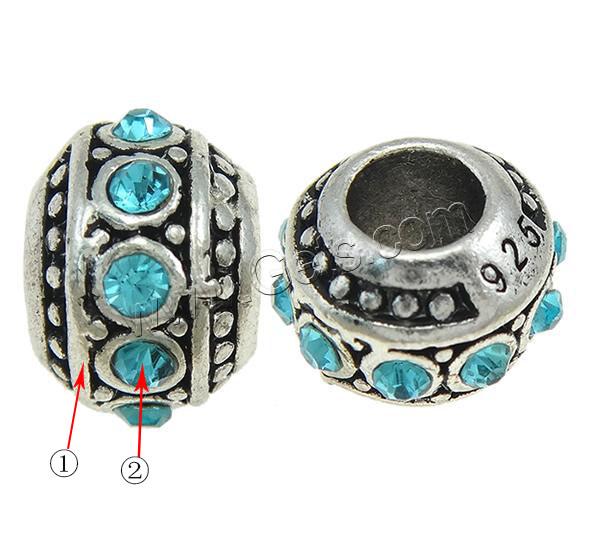 Rhinestone Zinc Alloy European Beads, Drum, plated, Customized & without troll & with rhinestone, more colors for choice, 12x8.5x12mm, Hole:Approx 5mm, Sold By PC