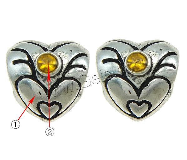 Rhinestone Zinc Alloy European Beads, Heart, plated, Customized & without troll & with rhinestone, more colors for choice, 10x9x9mm, Hole:Approx 4.5mm, Sold By PC