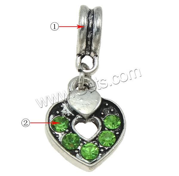 pendentifs European en alliage zinc, alliage de zinc, coeur, Placage, Personnalisé & sans filetage & avec strass, plus de couleurs à choisir, 11.5x26x8mm, Trou:Environ 4.5mm, Vendu par PC