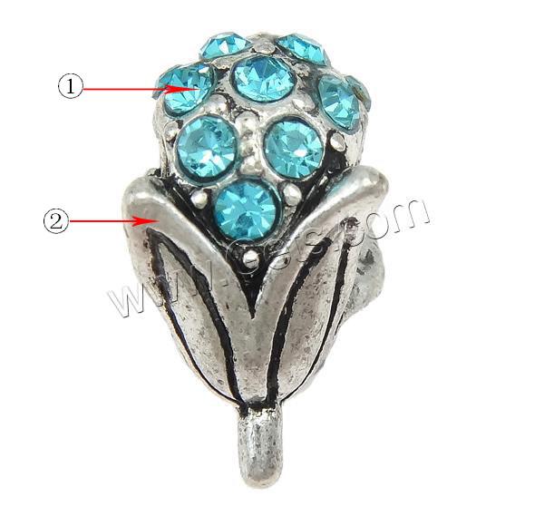 Rhinestone Zinc Alloy European Beads, Flower, plated, Customized & without troll & with rhinestone, more colors for choice, 9x16x9mm, Hole:Approx 5mm, Sold By PC