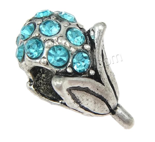 Rhinestone Zinc Alloy European Beads, Flower, plated, Customized & without troll & with rhinestone, more colors for choice, 9x16x9mm, Hole:Approx 5mm, Sold By PC